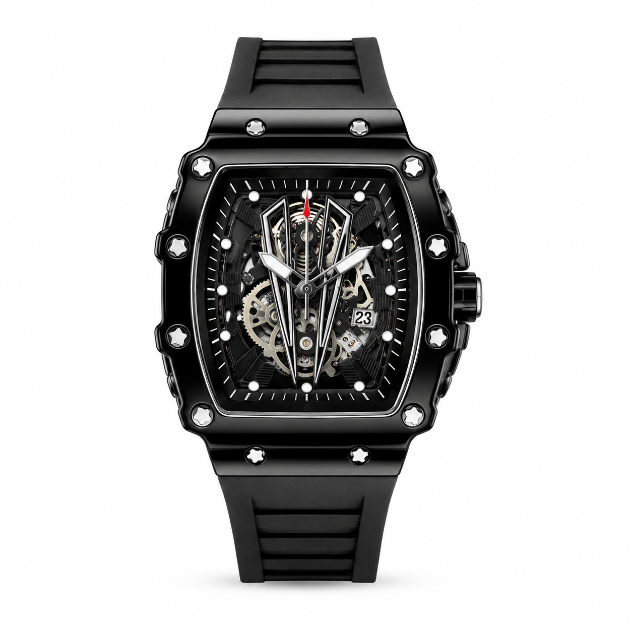 Men's Black Skeleton Mechanical Watch - Rubber Strap