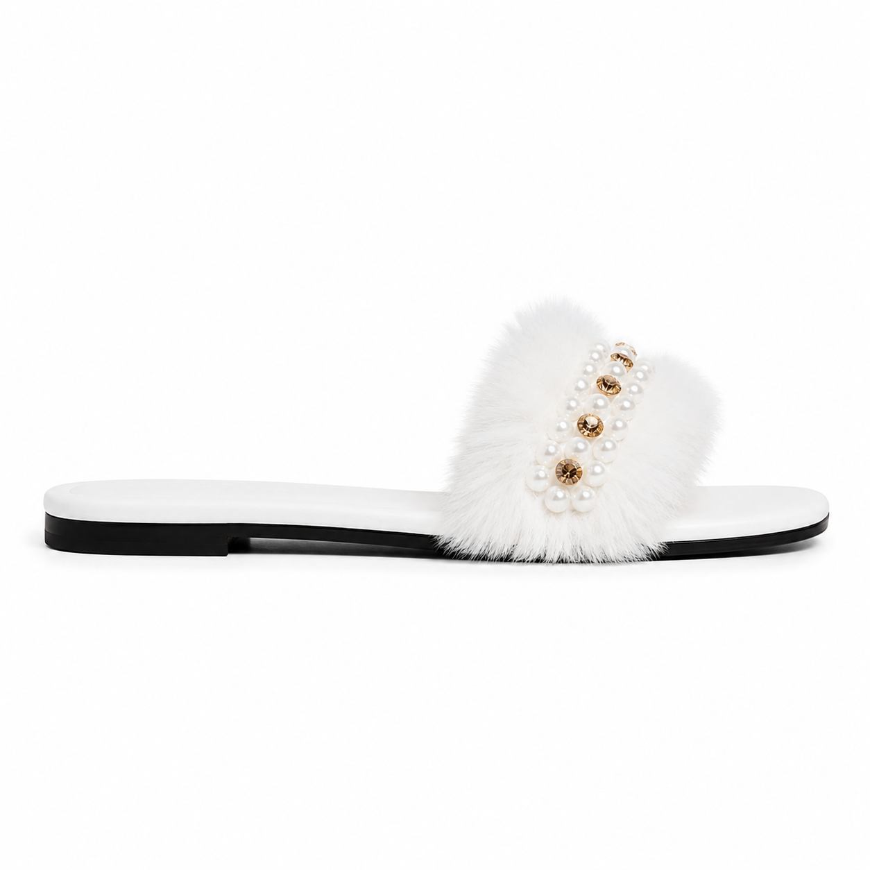 Women's White Fur Pearl Embellished Slides