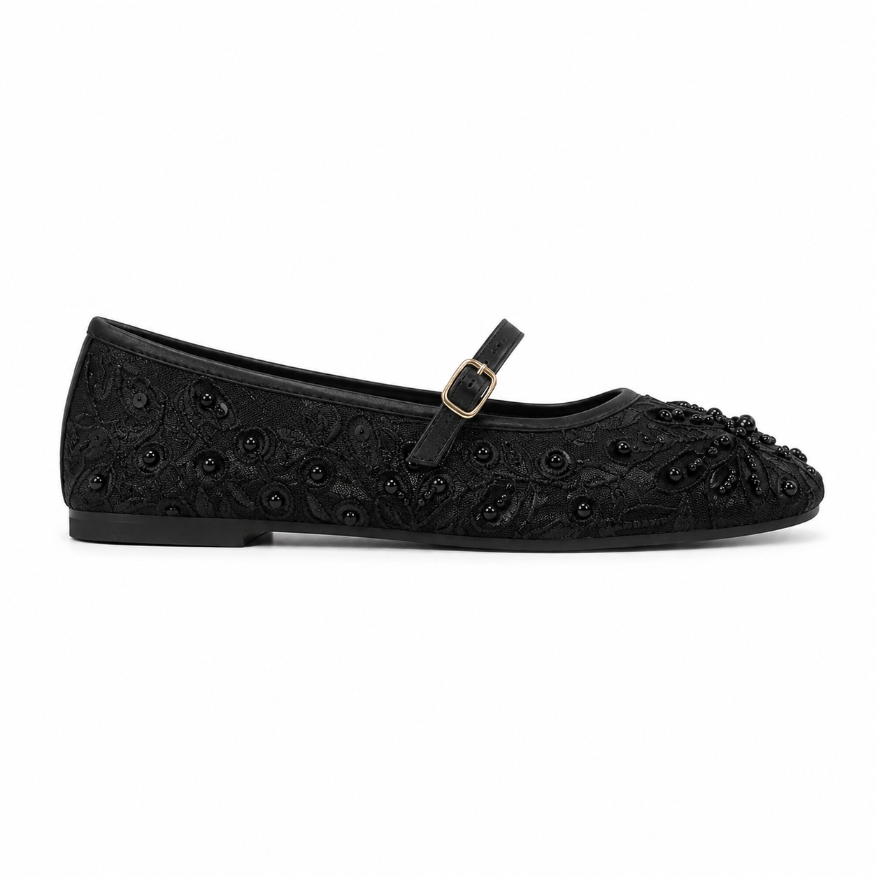 Women's Black Beaded Embroidered Mary Jane Flats