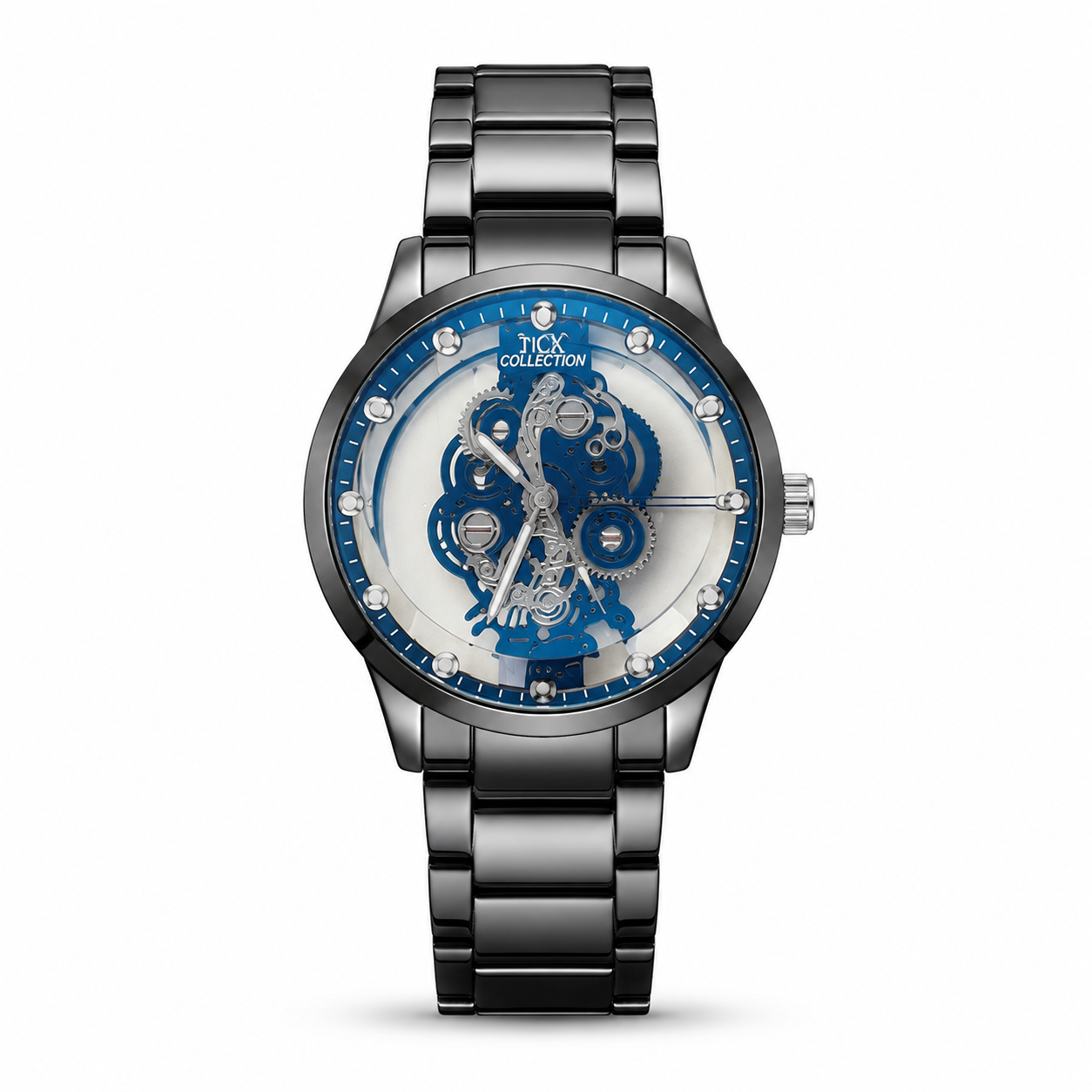 Men's Black Steel Skeleton Watch - Blue Gear Dial