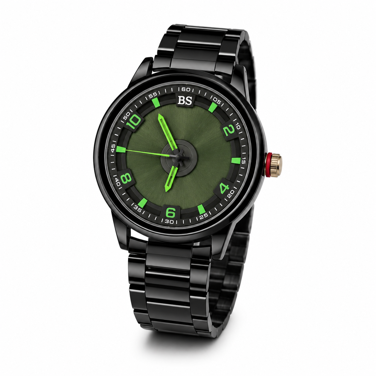 BS Men's Sports Watch - Black Steel with Green Dial
