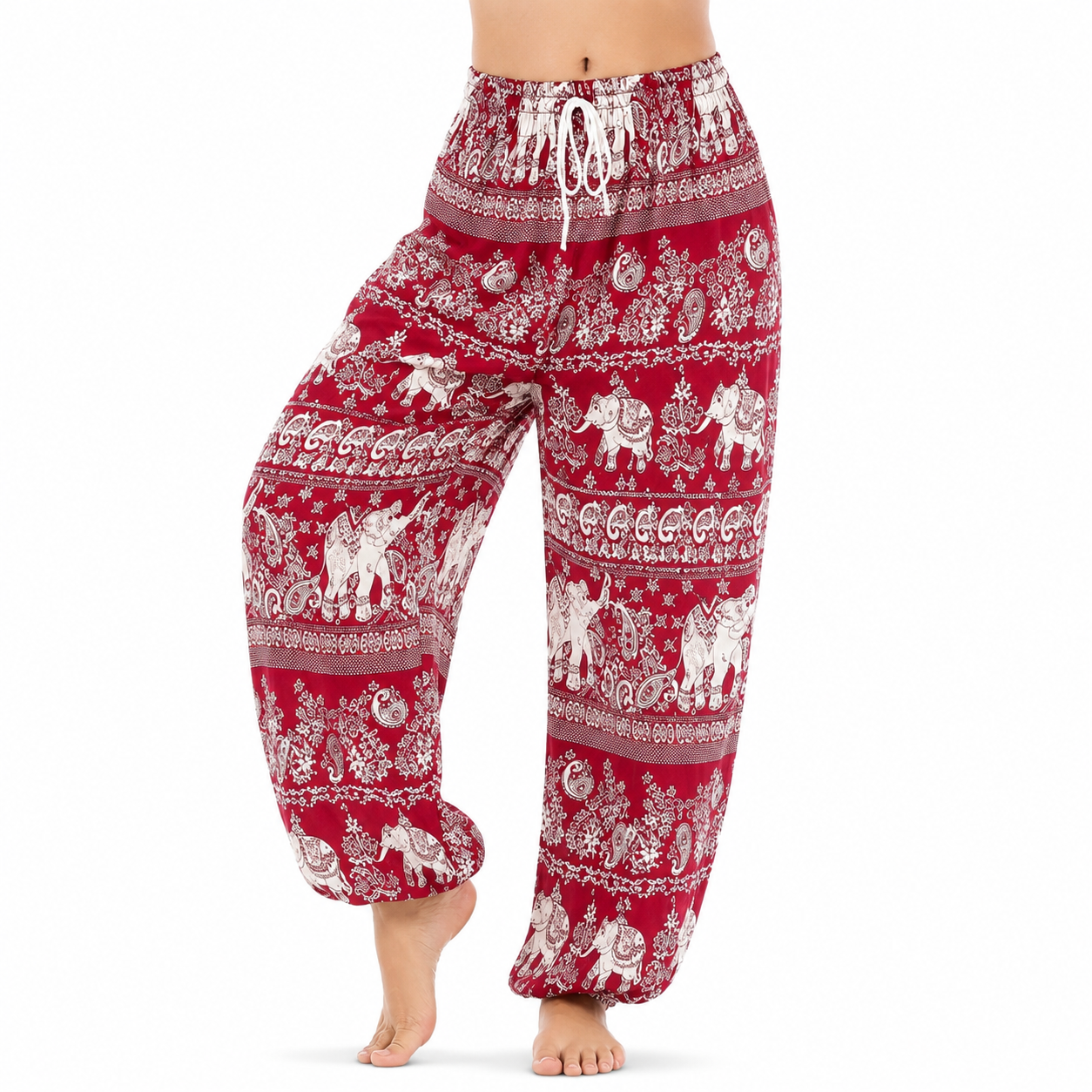 Women's Red Premium Boho Printed Trouser – High Waist Loose Fit Casual & Yoga Pants