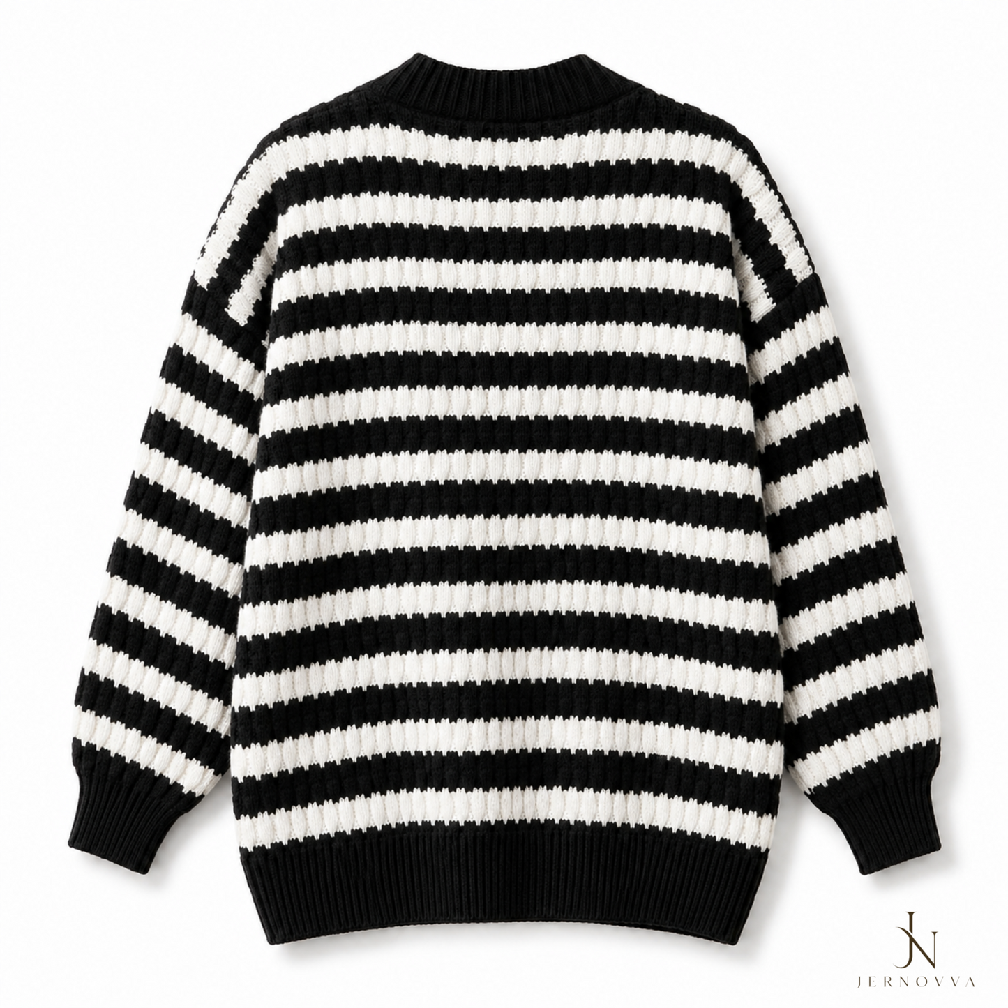 Women's Black White Striped Cardigan - Wool Knitted Winter Jacket