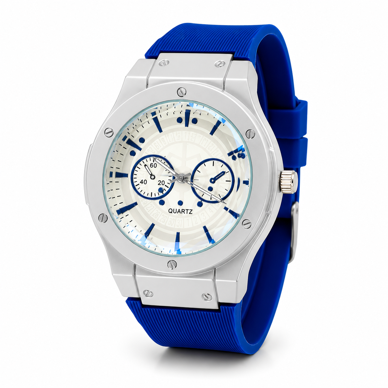 Men's Luxury Sports Watch - Silver Case with Navy Blue Silicone Strap