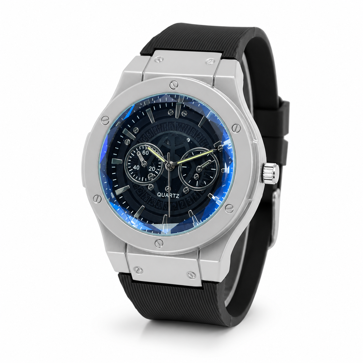 Men's Luxury Sports Watch - Silver Black with Black Silicone Strap
