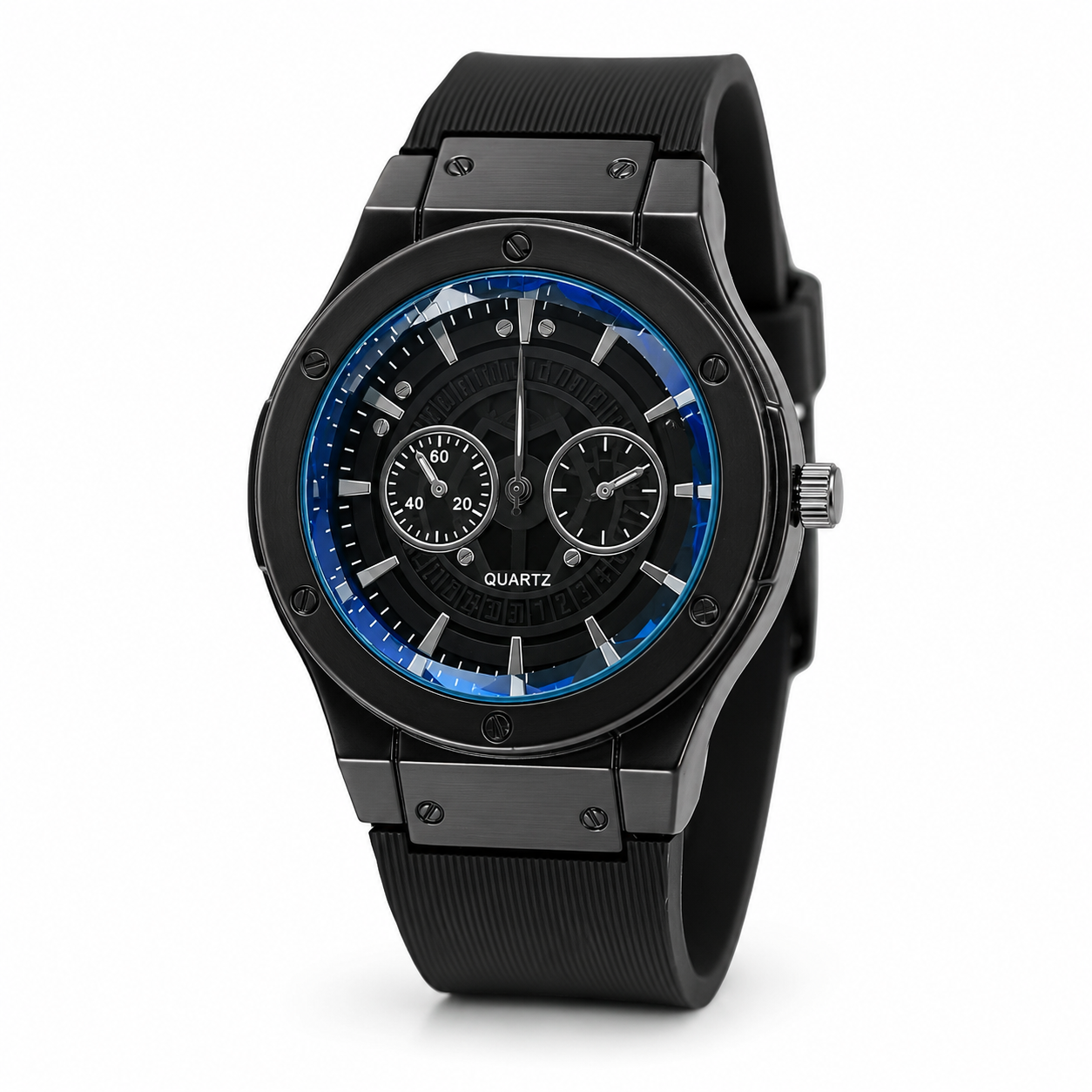 Men's Luxury Sports Watch - Silver Black with Black Silicone Strap