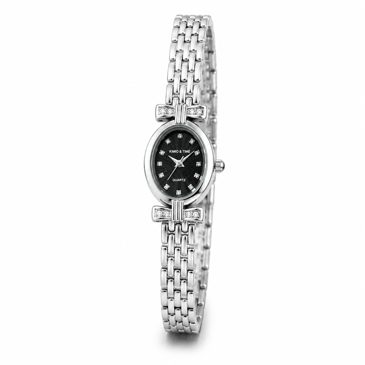 Women's Silver Black Oval Crystal Bow Watch