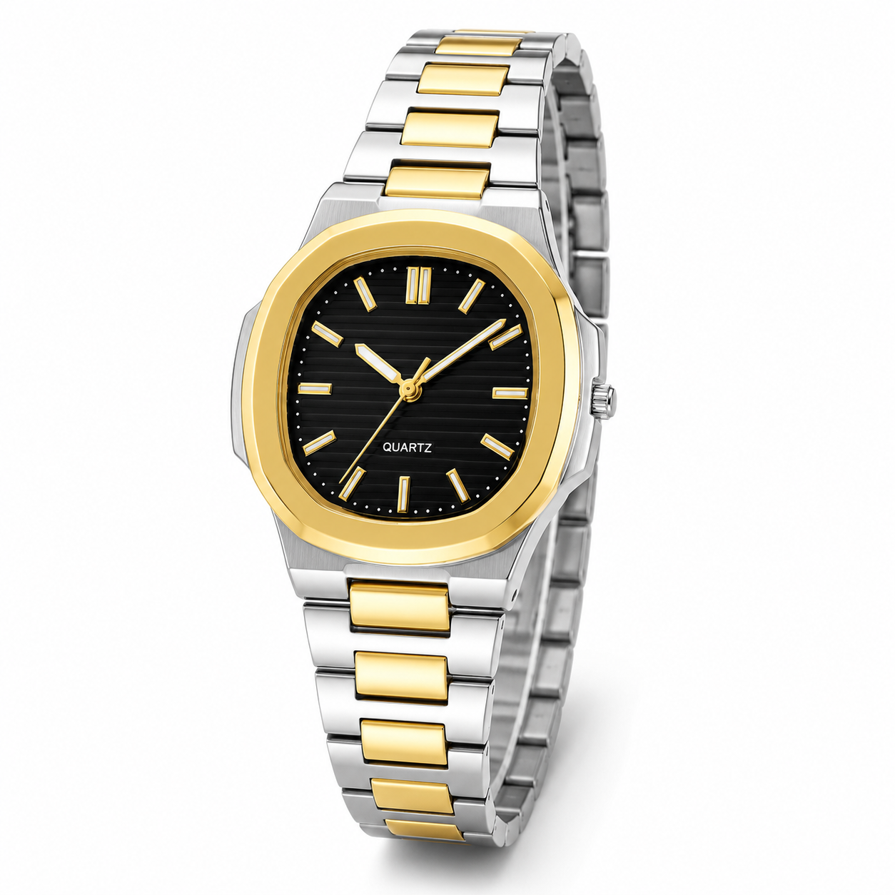 Men's Silver Gold Two-Tone Black Dial Watch