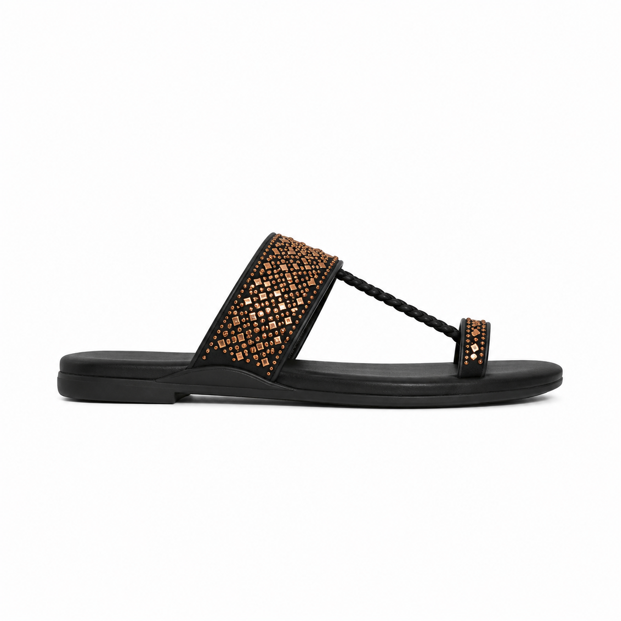 Women's Black Bronze Embellished Kolapuri Flats