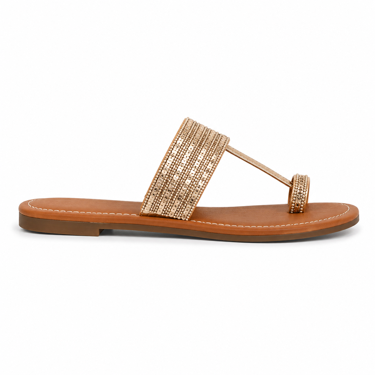 Women's Golden Embellished T-Strap Flat Sandals