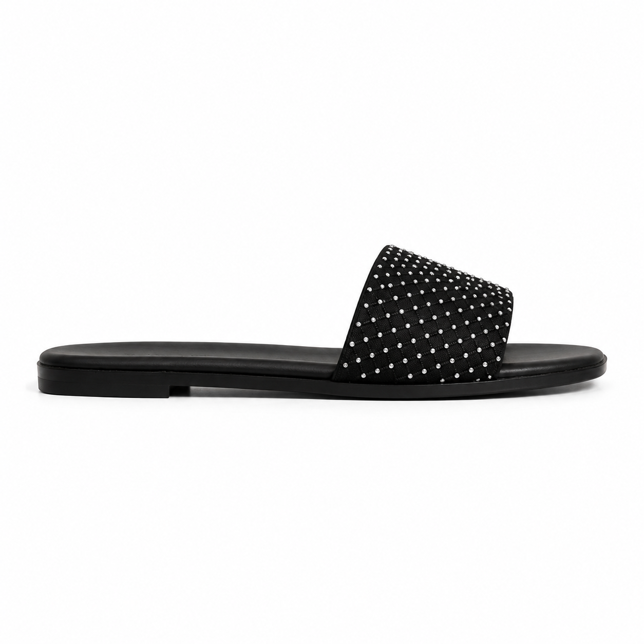 Women's Black Studded Square Toe Slides