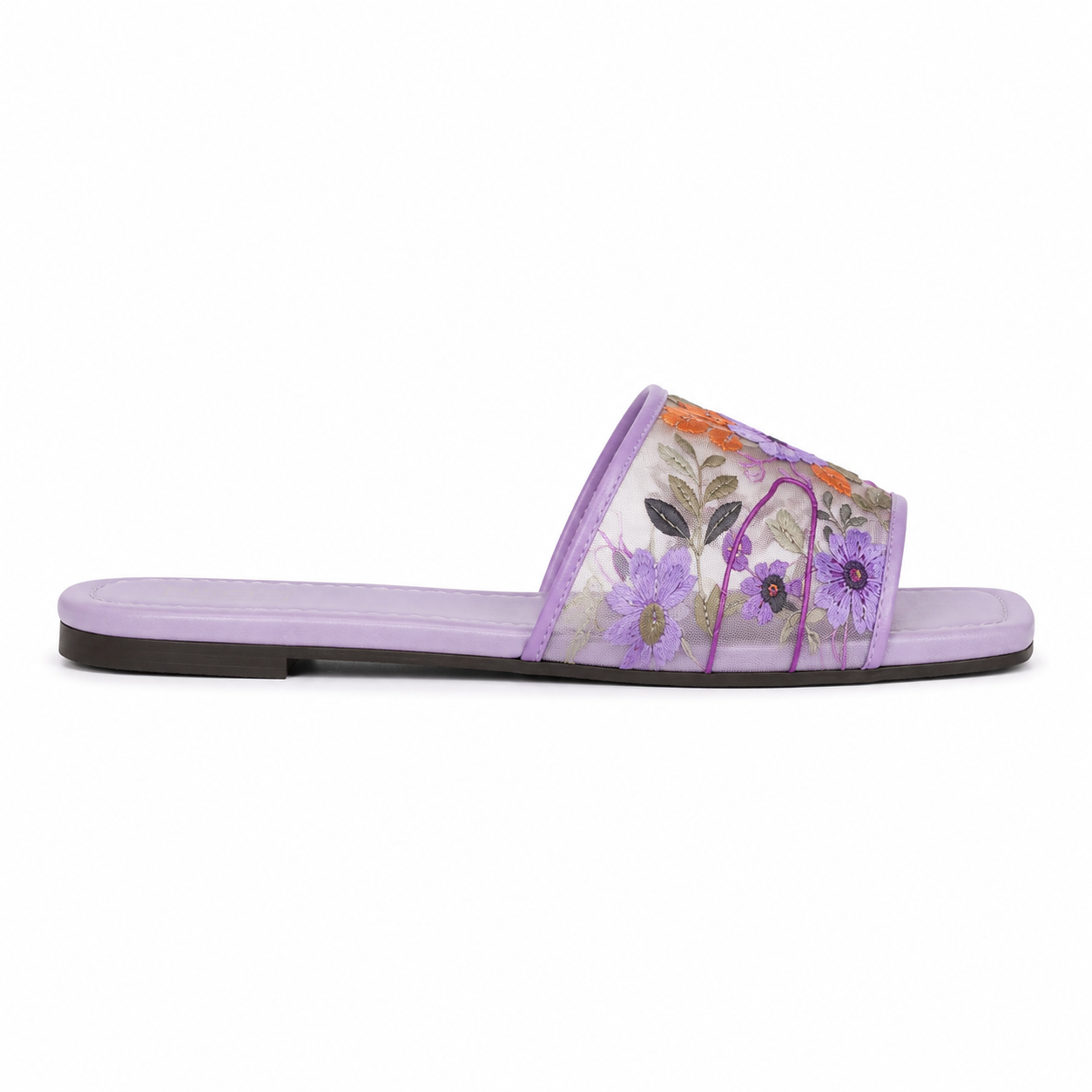 Women's Lavender Floral Mesh Embroidered Flat Slides