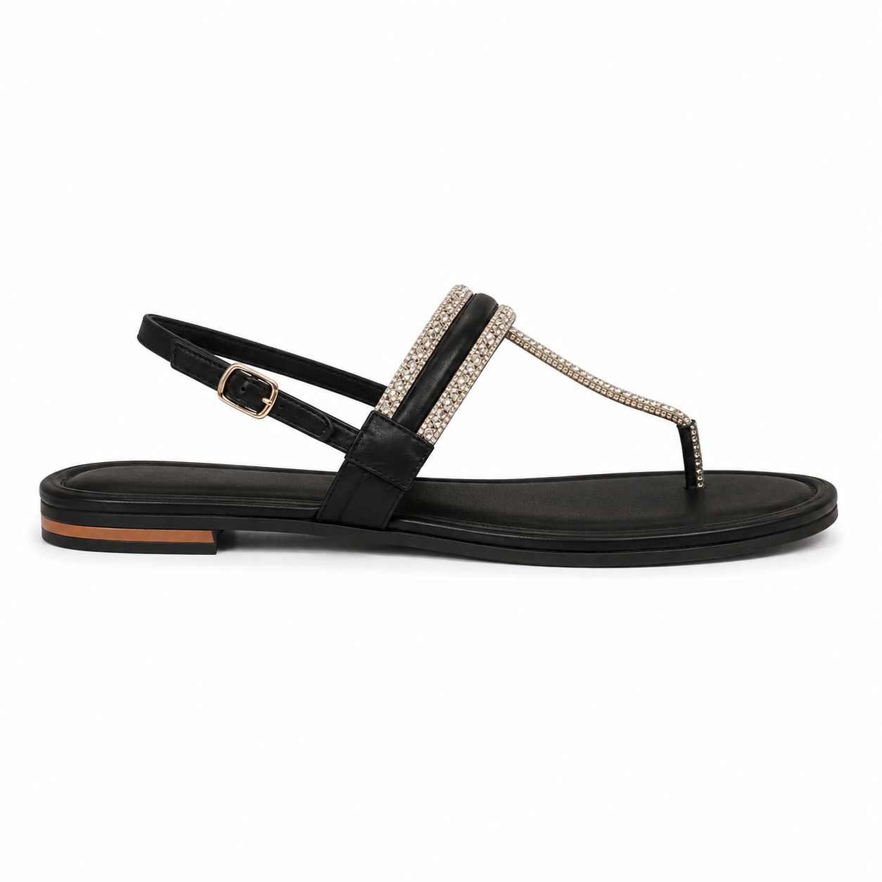 Women's Black Crystal T-Strap Flat Sandals