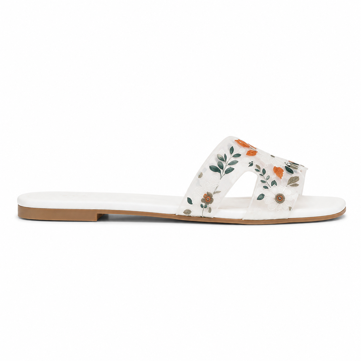 Women's White Floral Embroidered Flat Slides