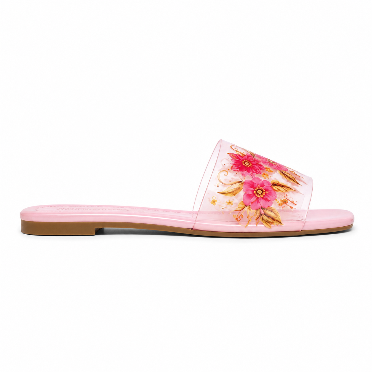 Women's Pink Floral Transparent Flat Slippers