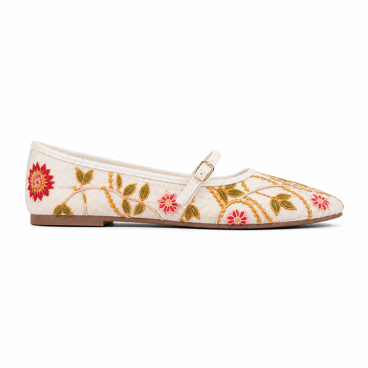 Women's White Floral Embroidered Mary Jane Flats
