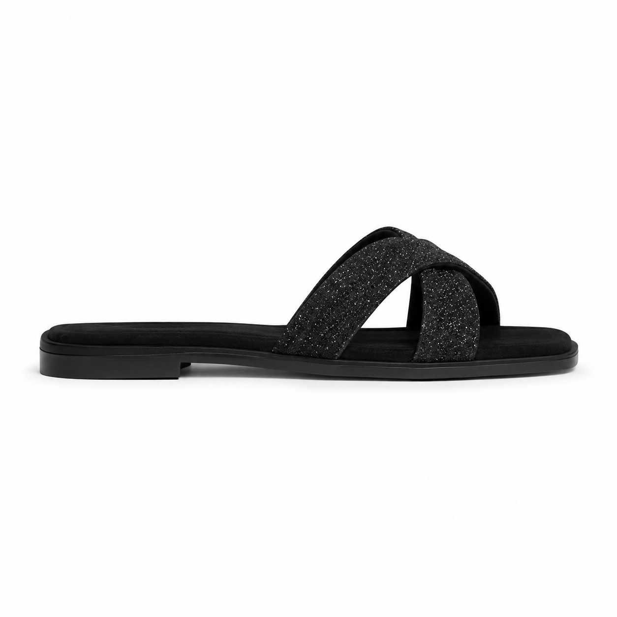 Women's Black Glitter Cross Strap Flat Sandals