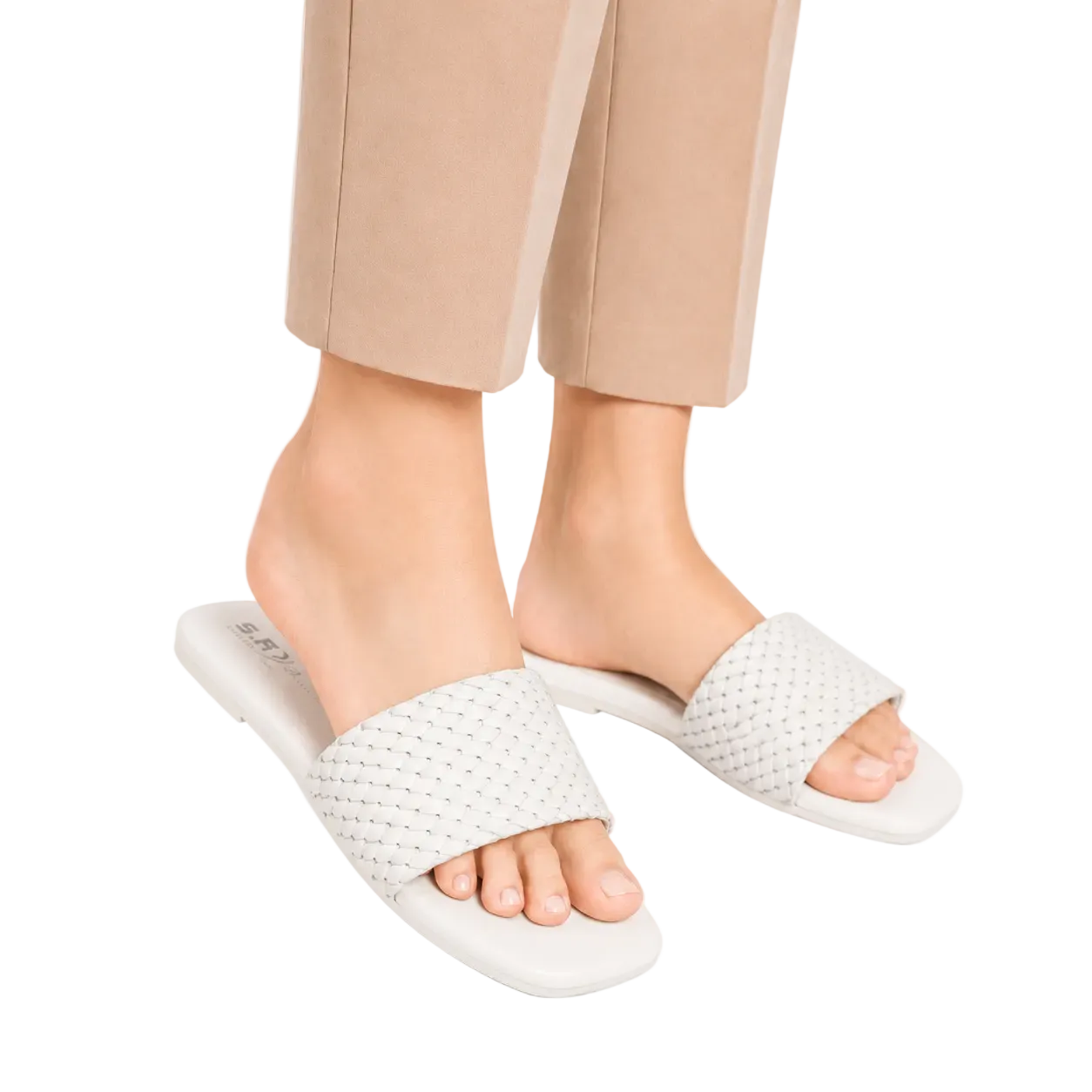 Women's White Woven Braid Luxury Slides