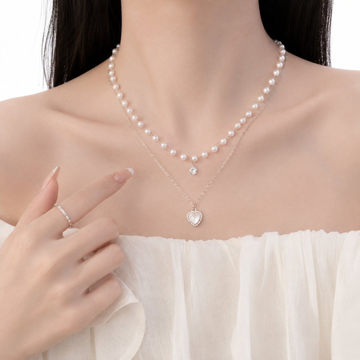 Double Layer Pearl Heart Necklace for Women