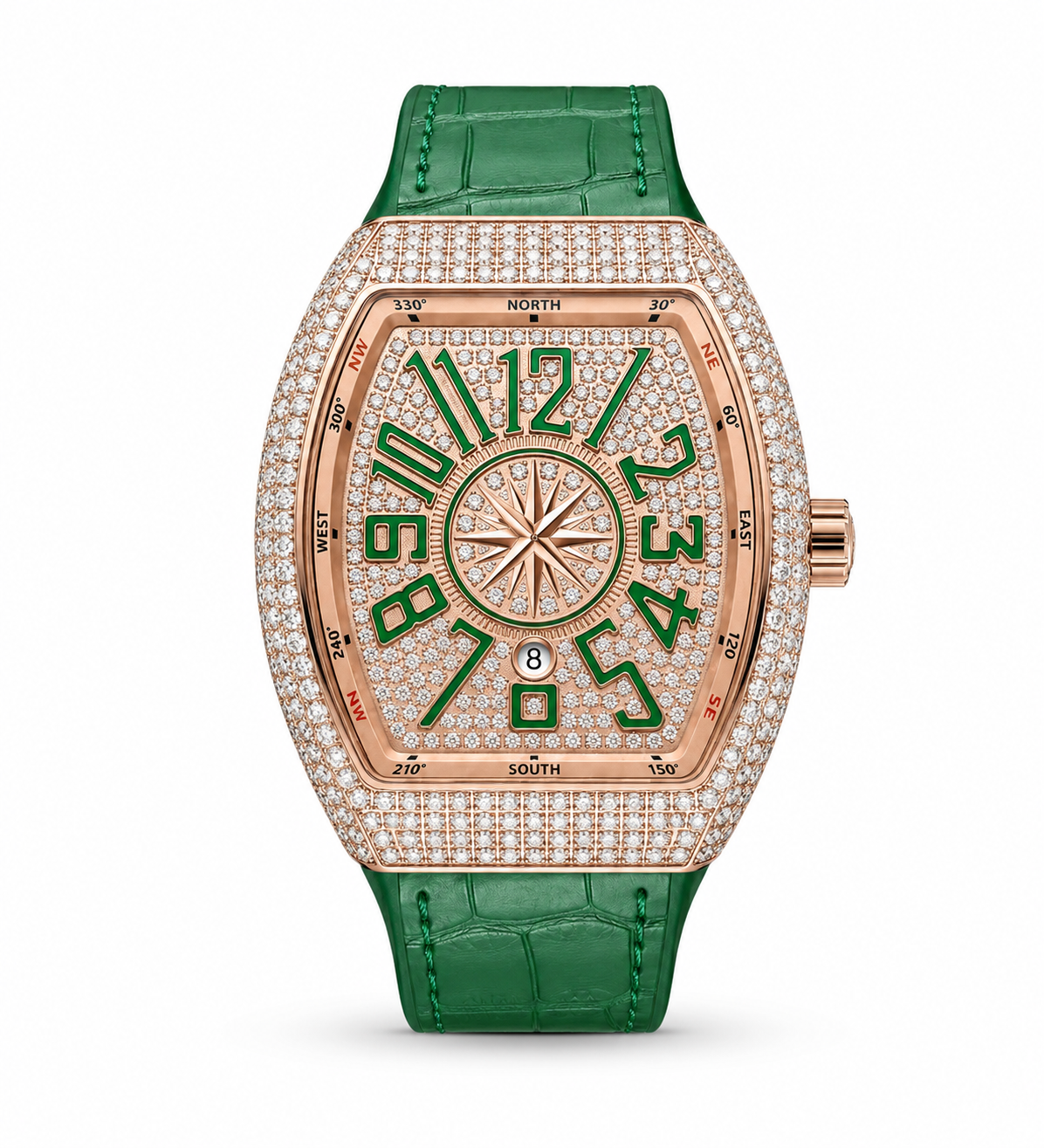 Luxury Rose Gold Diamond Watch - Green Leather Strap