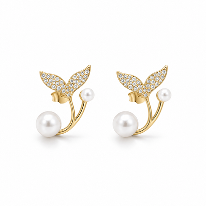 Women's Golden Leaf Pearl Stud Earrings