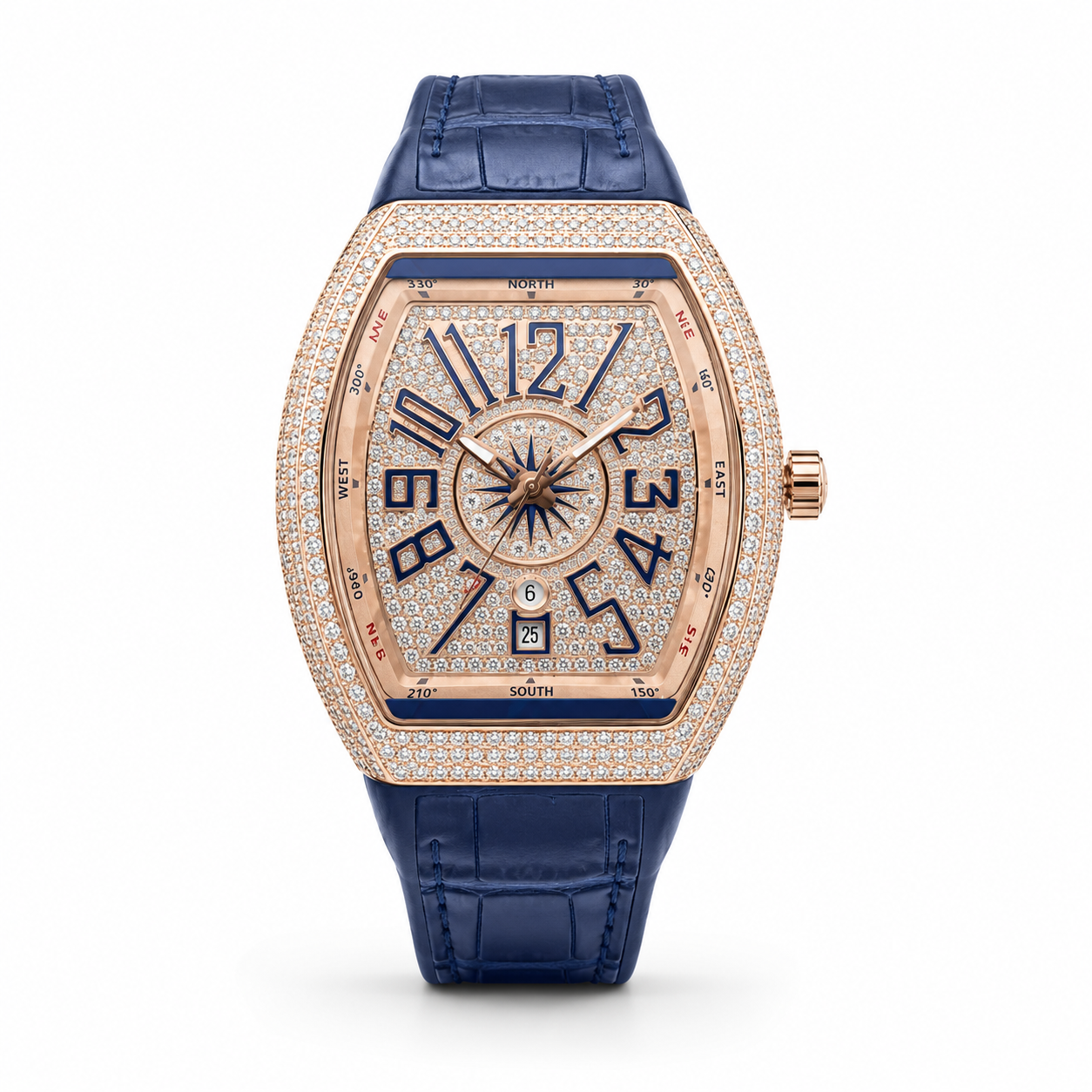 Luxury Rose Gold Diamond Watch - Blue Leather Strap