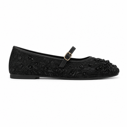 Women's Black Beaded Embroidered Mary Jane Flats