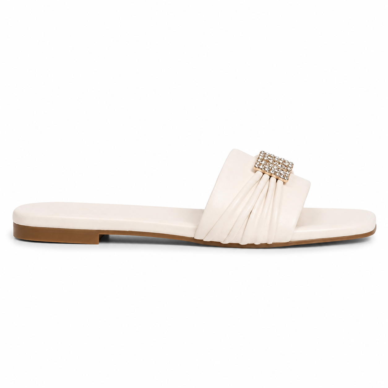 Women's White Crystal Buckle Ruched Slide Sandals