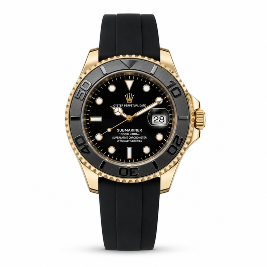 Men's Gold & Black Submariner Watch - Rubber Strap