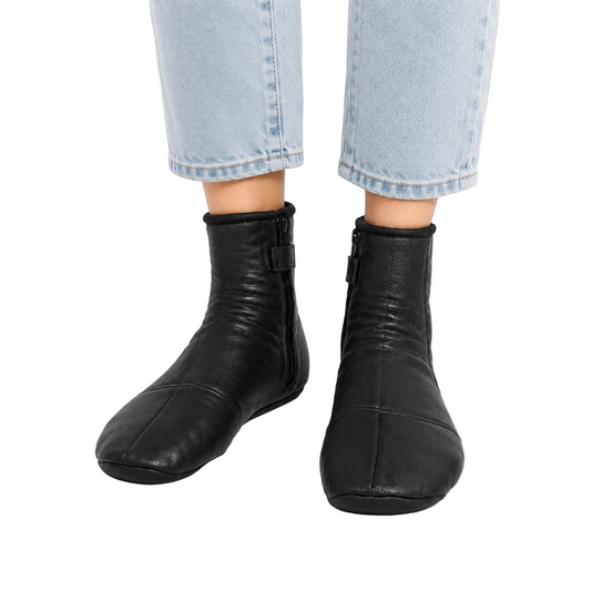 Women's Black Leather Cozy Socks - Zipper Closure