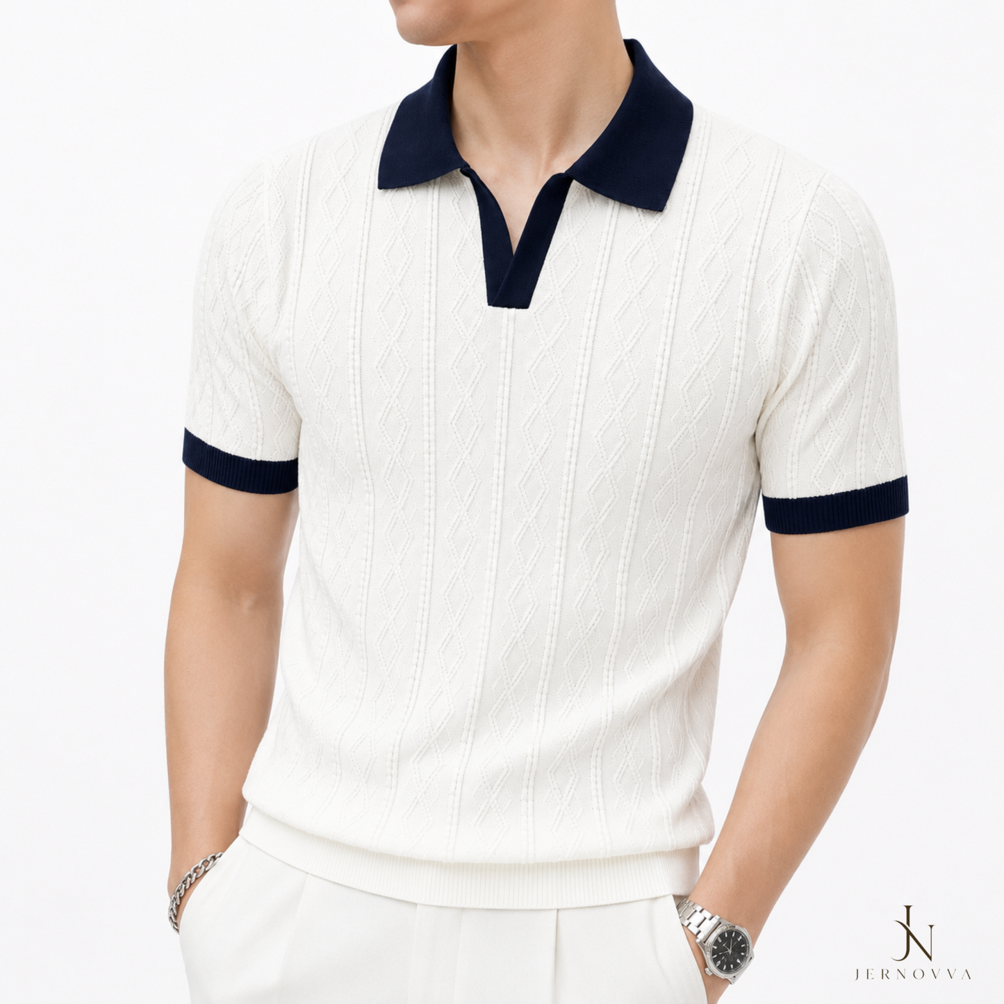 Premium Textured Knit Polo Shirt - White/Black