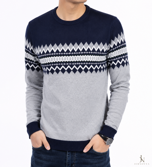 Men's Jacquard Winter Sweater – Soft Knit Crew Neck