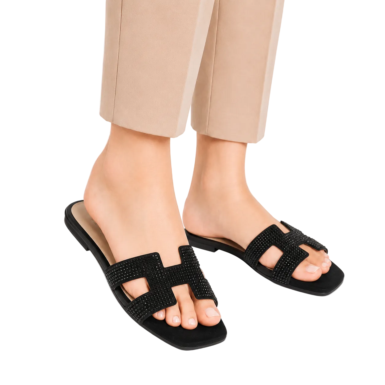 Women's Black Stone H-Strap Luxury Slides