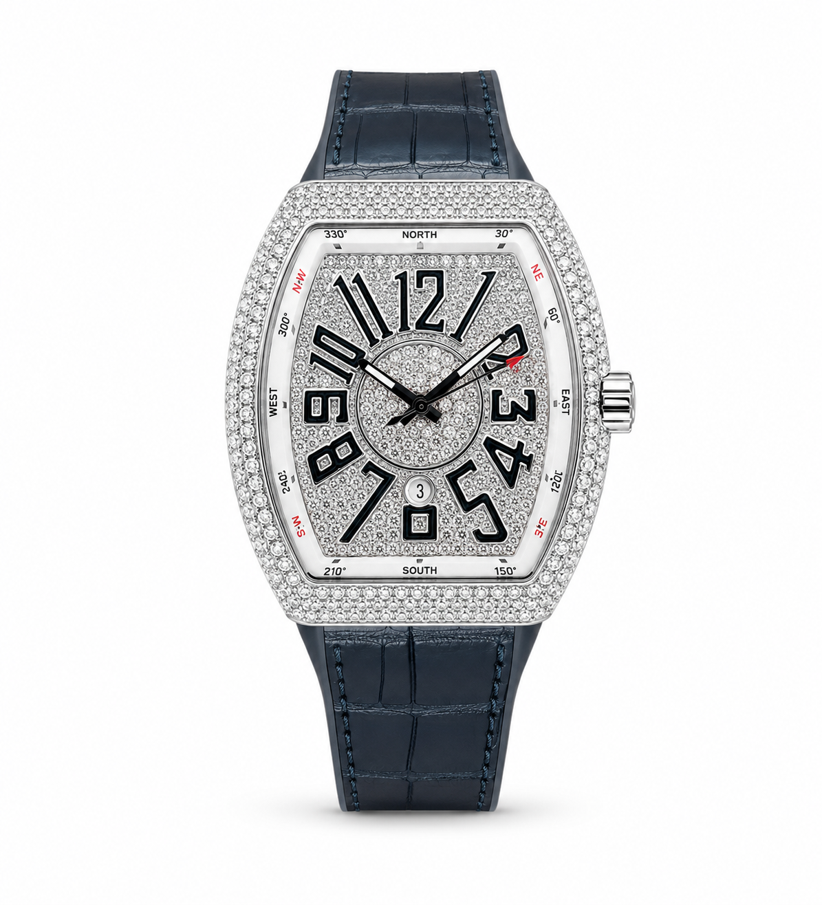 Luxury Rose Silver Diamond Watch - Black Leather Strap