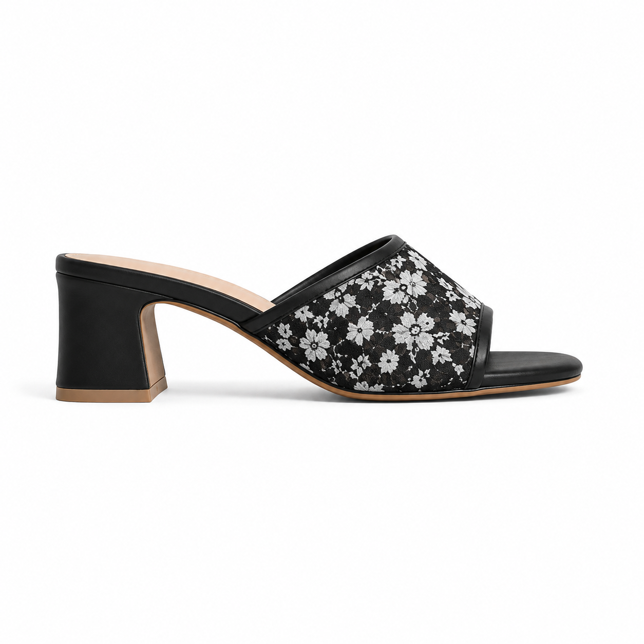 Women's Black Floral Block Heel Mules