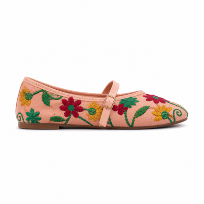 Women's Peach Floral Embroidered Mary Jane Flats