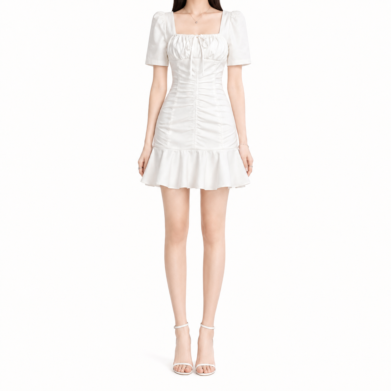 Women's White Puff Sleeve Mini Dress - Ruched Fit