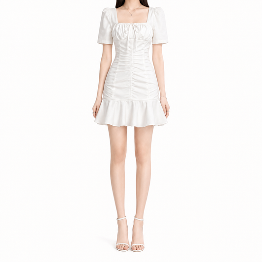 Women's White Puff Sleeve Mini Dress - Ruched Fit