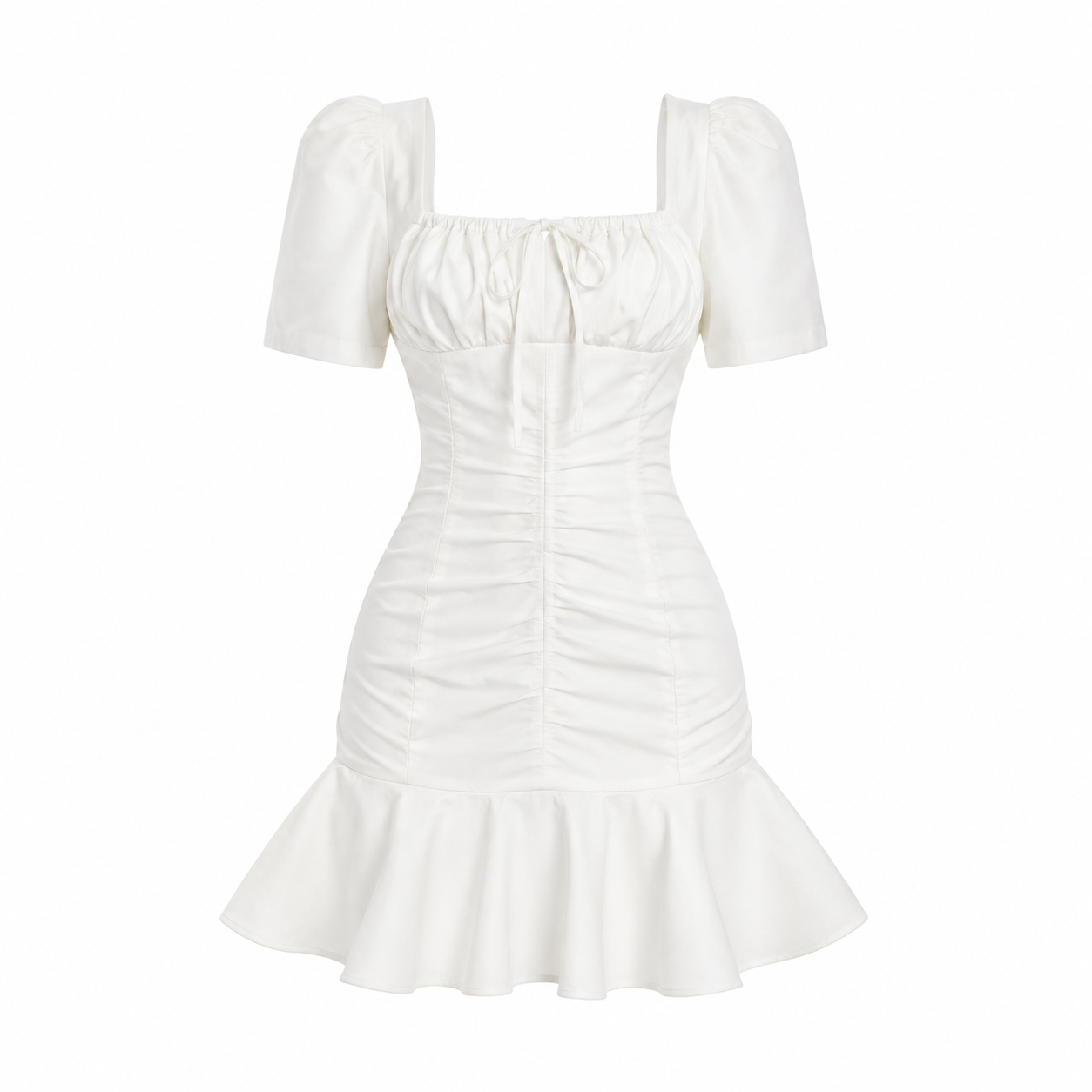 Women's White Puff Sleeve Mini Dress - Ruched Fit