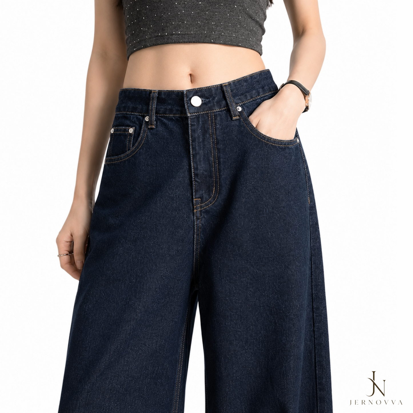 Women's Dark Blue Baggy Wide Leg Jeans – High Waist Relaxed Fit Denim Pants