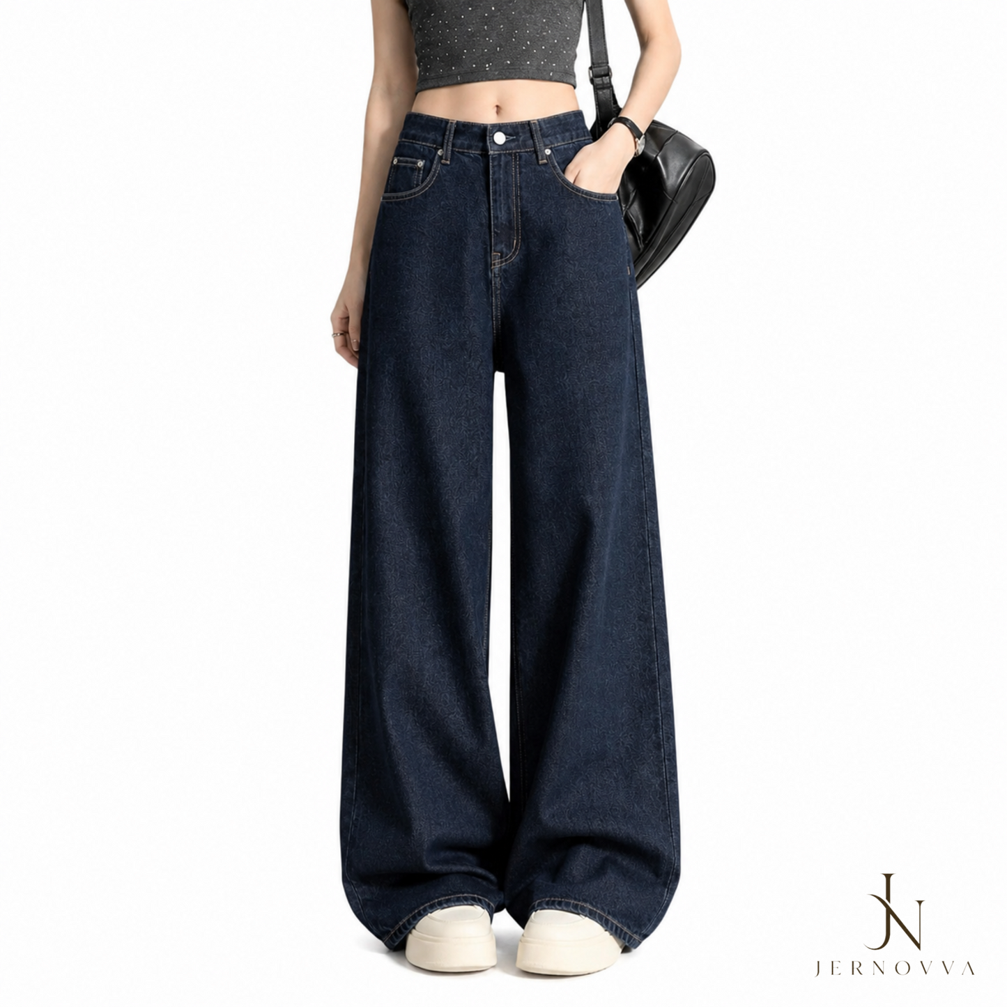 Women's Dark Blue Baggy Wide Leg Jeans – High Waist Relaxed Fit Denim Pants