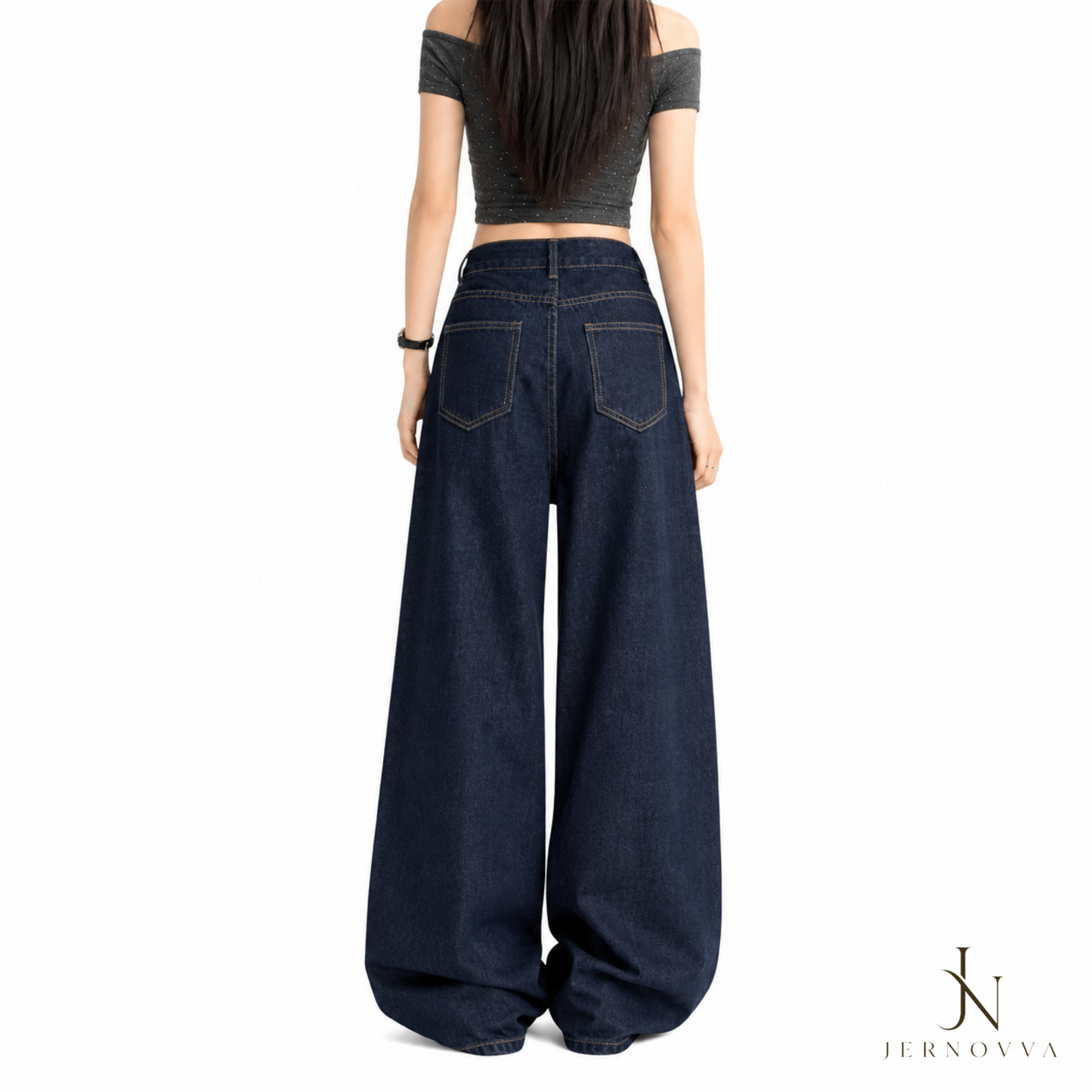 Women's Dark Blue Baggy Wide Leg Jeans – High Waist Relaxed Fit Denim Pants