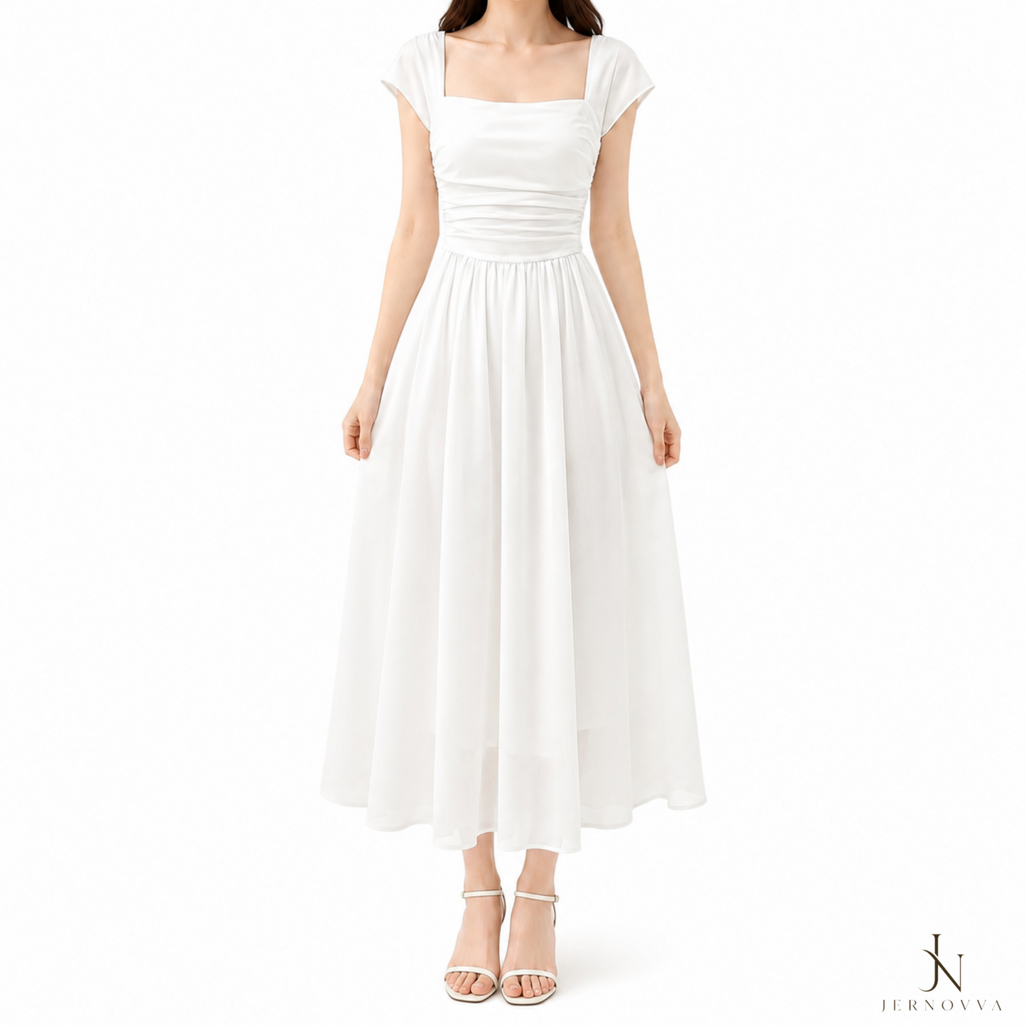 Elegant White Maxi Dress – Women's Flowy Square Neck Party Dress