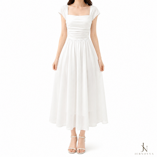 Elegant White Maxi Dress – Women's Flowy Square Neck Party Dress