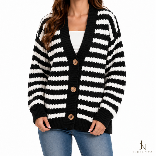 Women's Black White Striped Cardigan - Wool Knitted Winter Jacket