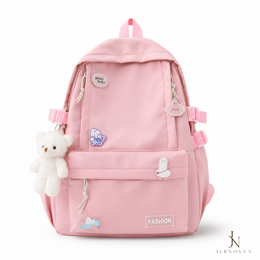 Aesthetic School Backpack for Girls - Teddy Keychain - Pink