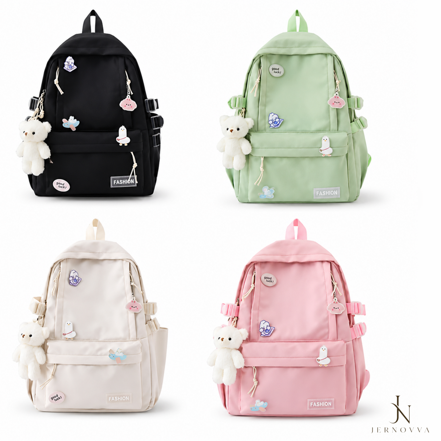 Cute Aesthetic School Backpack with Teddy Bear Keychain for Girls