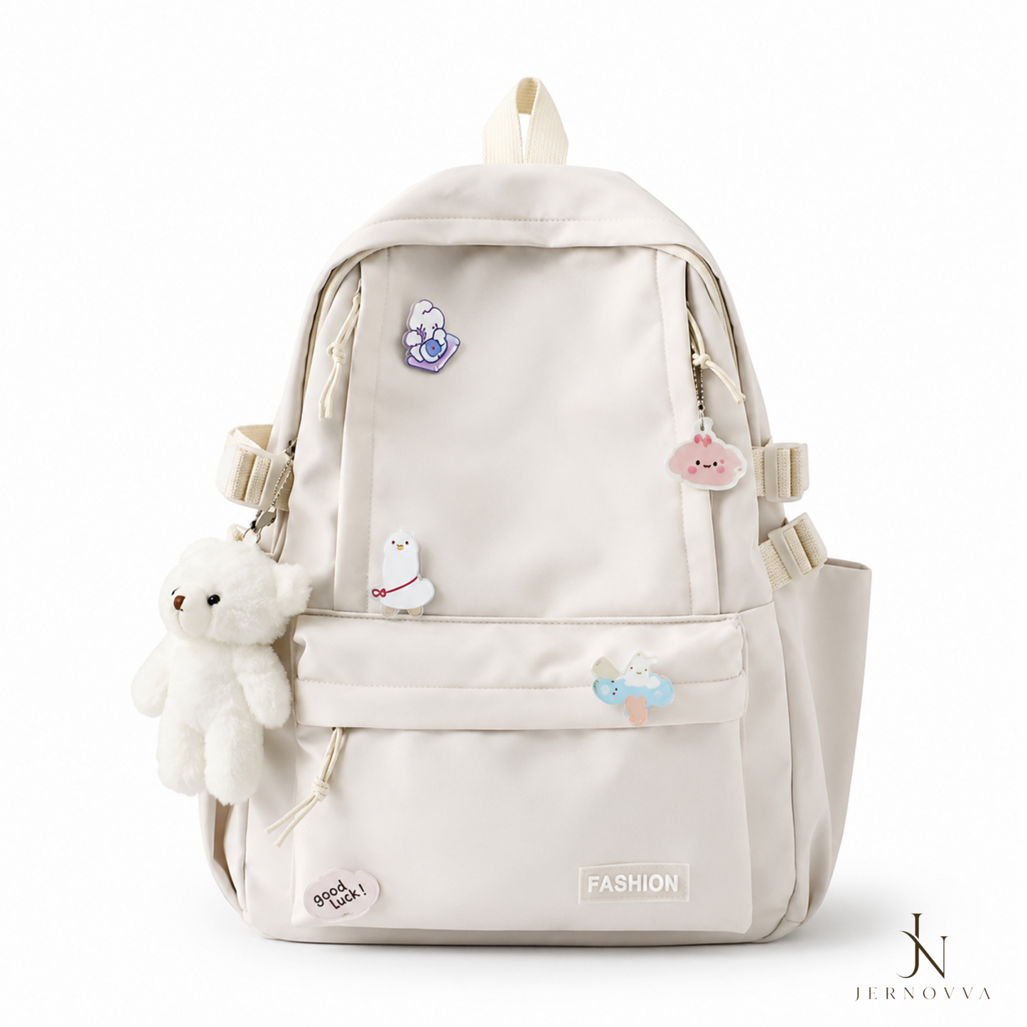 Cute Aesthetic School Backpack with Teddy Bear Keychain for Girls