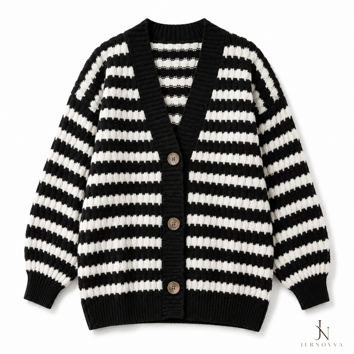 Women's Black White Striped Cardigan - Wool Knitted Winter Jacket