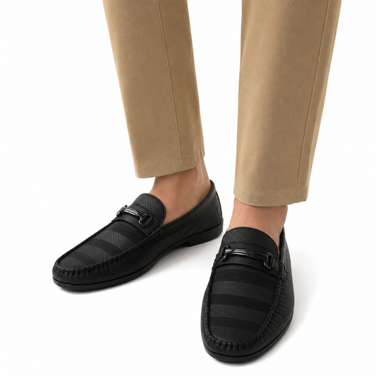 Men's Black Textured Stripe Bit Loafers